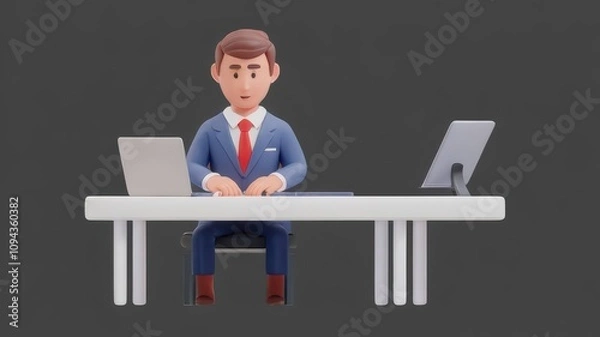 Obraz 3D Businessman Sitting at a Desk Typing on a Laptop
