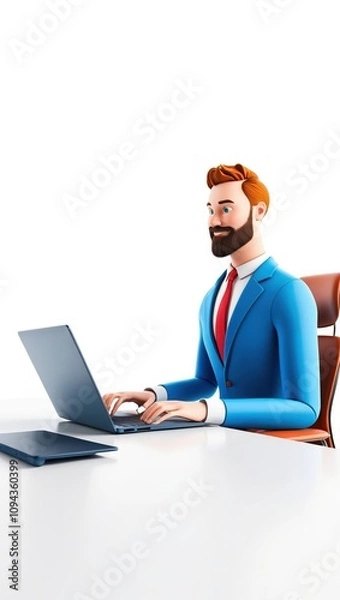 Obraz 3D Businessman Sitting at a Desk Typing on a Laptop