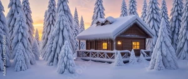 Obraz A log cabin in the woods with snow on the roof and windows