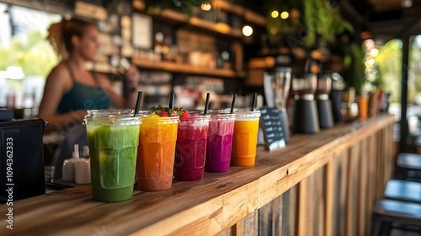 Fototapeta Refreshing and colorful smoothies lined up on wooden counter, showcasing vibrant flavors. customer enjoys lively atmosphere of cozy cafe, perfect for relaxation and socializing