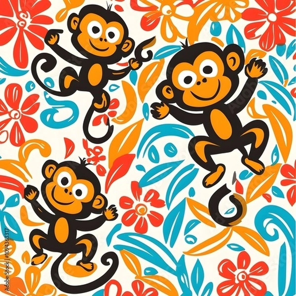 Fototapeta Whimsical Monkey Pattern Inspired by Thai Nature with Animated Expressions