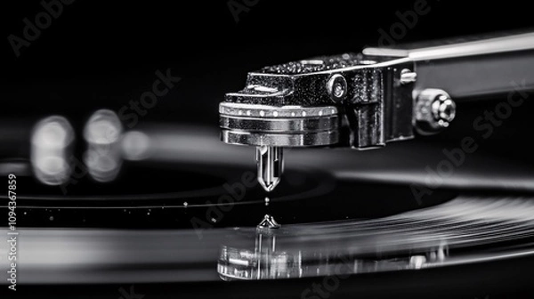 Fototapeta A close-up of a turntable's tonearm and needle, capturing the intricate mechanics involved in playing vinyl records.