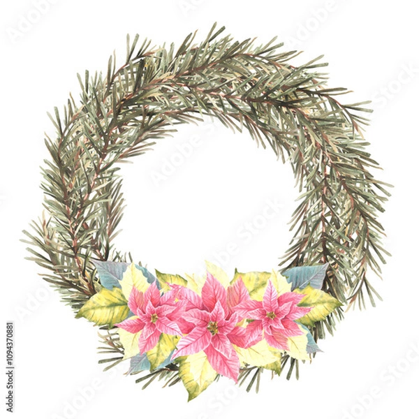 Fototapeta Christmas spruce branches evergreen advent wreath with pink yellow poinsettia flowers and burning white candle. Watercolor hand drawn illustration. Template for festive card. Isolated from background.