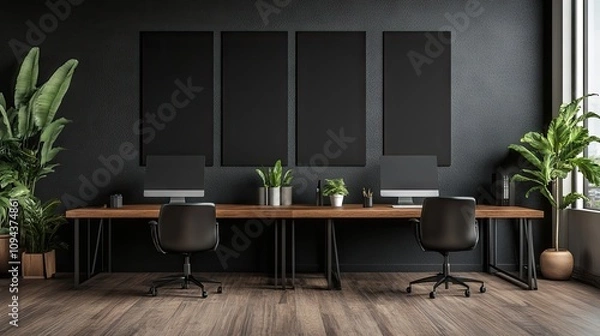 Obraz Modern minimalist office space featuring two desk setups with plants and dark walls.