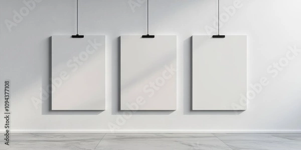 Fototapeta Blank White Canvases Hanging on Strings in Minimalist Gallery
