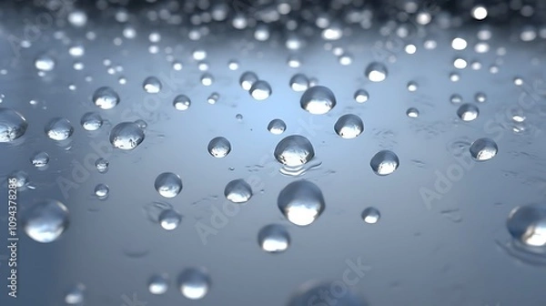 Fototapeta Water droplets on a smooth blue surface reflecting light