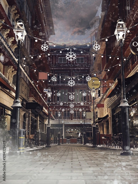 Obraz Winter scene with a snowy street in an old Victorian town on a dark cloudy evening. 3D illustration. Made from 3d resources and painted elements. No AI used.