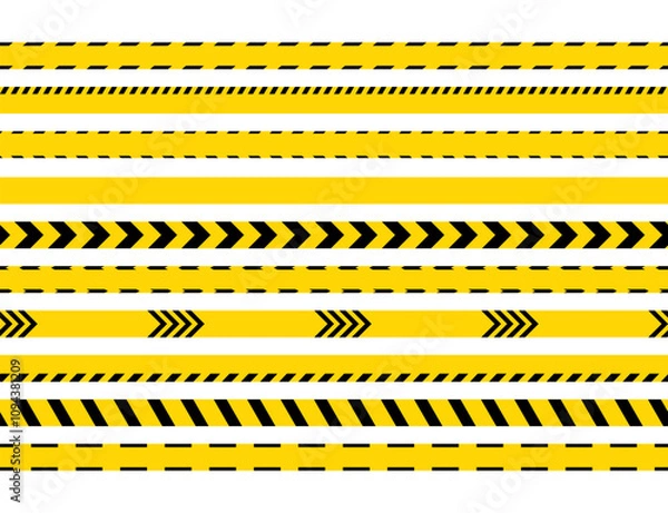 Fototapeta Barrier tapes for danger places. Seamless danger ribbons. Set of warning bands for work zones. Yellow black tape. Caution striped boundary lines under construction. Vector illustration.