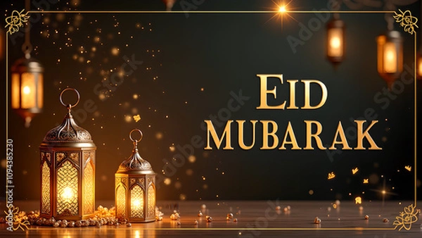 Fototapeta Eid Mubarak greeting card with lanterns and golden confetti