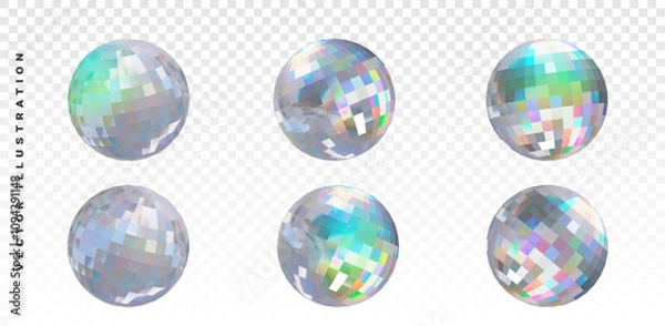 Fototapeta Mirrored disco ball reflecting colored lights. Bright colored rotating disco ball with glare of light on a white background