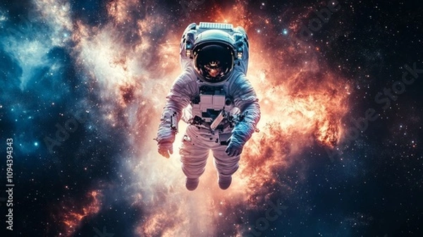 Fototapeta Astronaut floating in vibrant nebula, cosmic background.