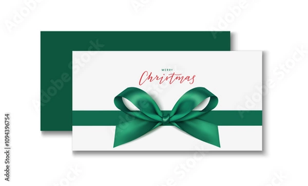 Obraz New Year winter or Christmas gift card mockup design template. Decorative festive white gift card with calligraphic merry Christmas text and horizontal green bow and ribbon. Vector stock illustration.