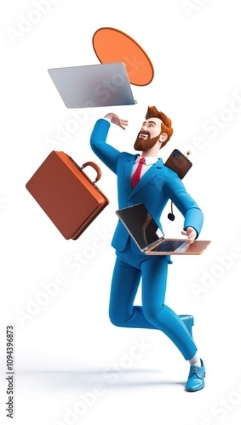 Obraz 3D Businessman Juggling Work Items Like Briefcase, Laptop, and Phone