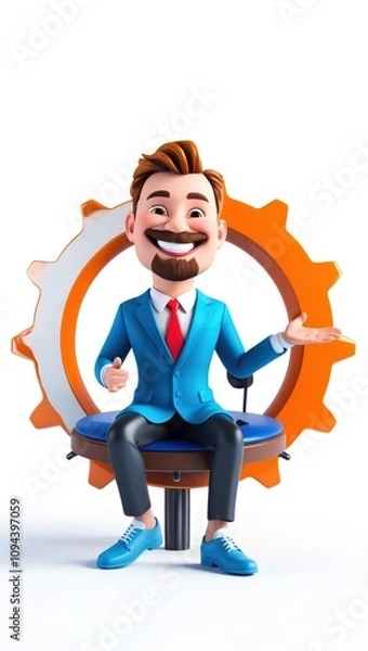 Obraz A 3D businessman sitting on a giant gear, symbolizing teamwork and productivity