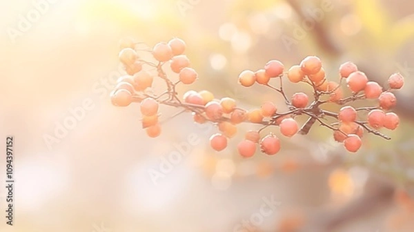 Fototapeta Sunlit Branch with Clusters of Small Orange Berries