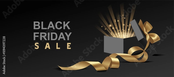 Obraz Black Friday sale design template. Open black gift box with golden glow, yellow swirl long ribbon, bow and black Friday sale text. Vector stock illustration.
