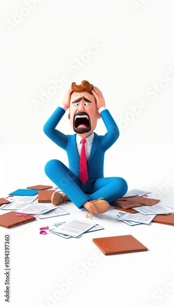 Obraz 3d frustrated 3D businessman sitting on the ground, surrounded by scattered documents