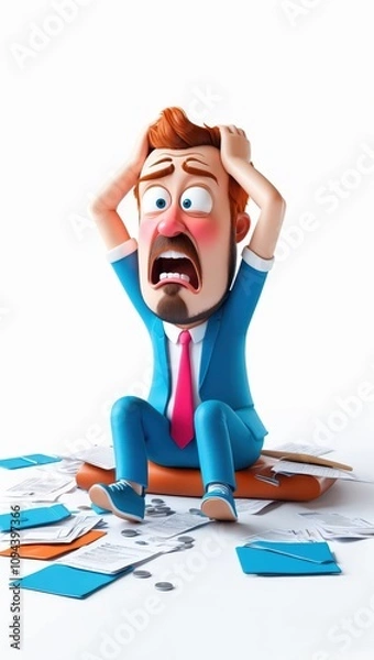 Obraz 3d frustrated 3D businessman sitting on the ground, surrounded by scattered documents