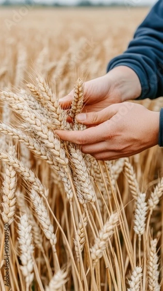 Fototapeta A man inspects healthy wheat ears against a vibrant field backdrop, highlighting quality grain during the golden hour