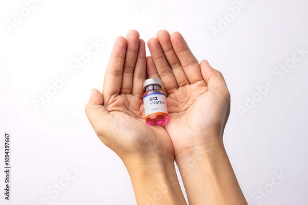 Obraz two hands showing a liquid vitamin b12 in the clinic room. health and medical concepts.