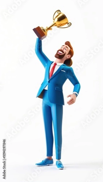 Obraz A victorious 3D businessman holding a golden trophy, celebrating business success