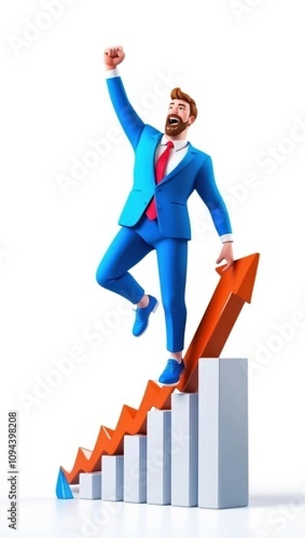 Obraz Businessman Sitting on a Growing Bar Graph with a Happy Pose