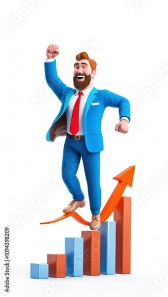 Obraz Businessman Sitting on a Growing Bar Graph with a Happy Pose