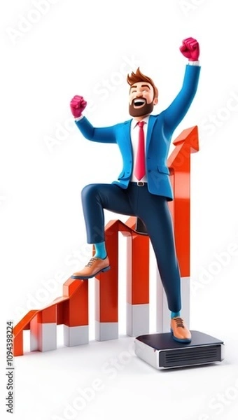 Obraz Businessman Sitting on a Growing Bar Graph with a Happy Pose