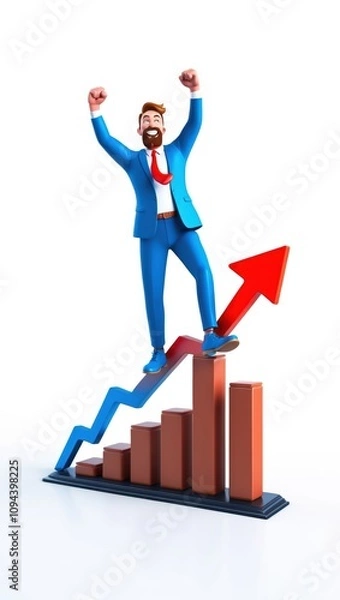 Obraz Businessman Sitting on a Growing Bar Graph with a Happy Pose