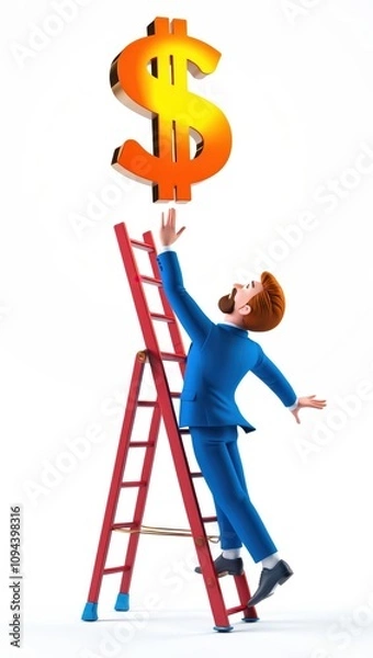 Obraz Businessman Standing on a Ladder Reaching for a Dollar Sign