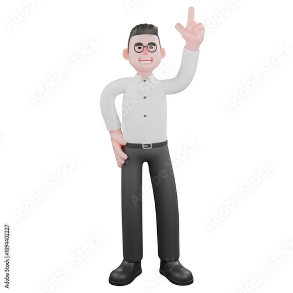 Fototapeta Animated 3D Cartoon.  A male producer stands with one hand on his waist and the other pointing up, a confident expression. Professional Illustration