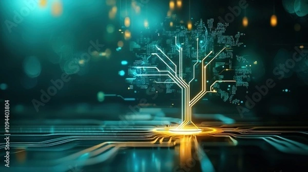 Fototapeta Digital Tree with Circuitry and Light Effects