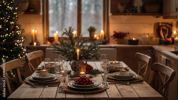 Fototapeta A rustic kitchen decorated for the New Year with a wooden table set for a festive meal.