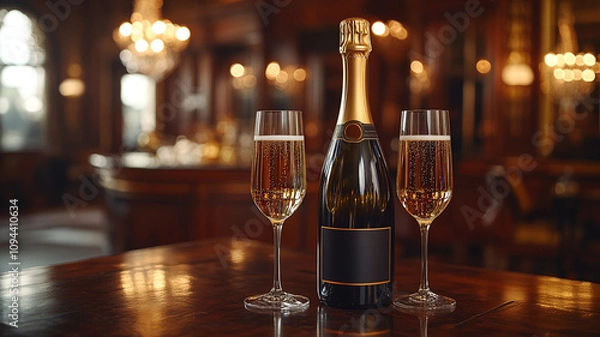 Obraz A festive banner. A bottle of champagne and two glasses of champagne.