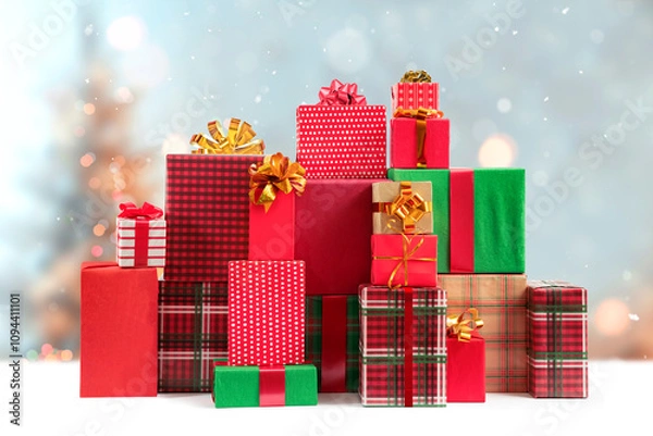 Fototapeta Christmas, New Year gift boxes for holidays promotions. Red, green, checkered and polka dot wrappers, lush bows.