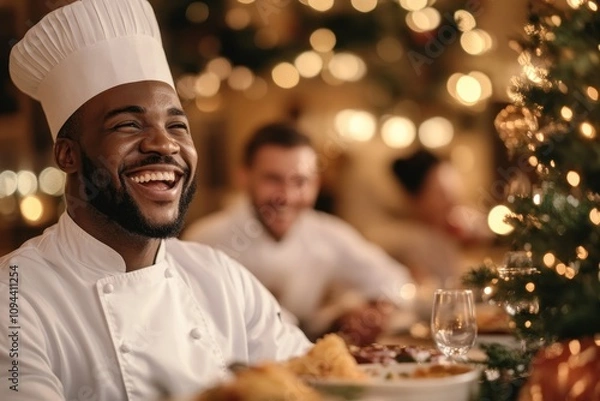 Fototapeta Smiling chef in a festive dining room setting.