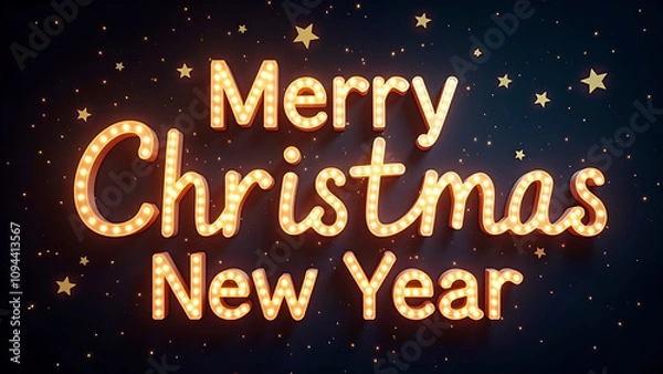 Fototapeta Merry Christmas and Happy New Year illuminated sign. Festive holiday greeting concept.