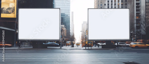Fototapeta Two blank billboard mock-ups side by side, ready for advertisement or customization, set against a simple background.

