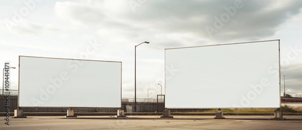 Fototapeta Two blank billboard mock-ups side by side, ready for advertisement or customization, set against a simple background.

