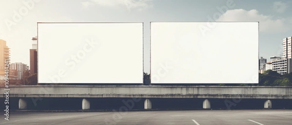 Fototapeta Two blank billboard mock-ups side by side, ready for advertisement or customization, set against a simple background.

