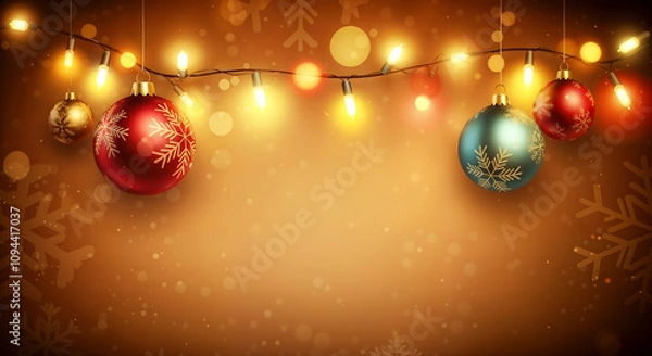 Fototapeta A festive Christmas background wallpaper, with decorated Christmas baubles and fairy lights and copy space.