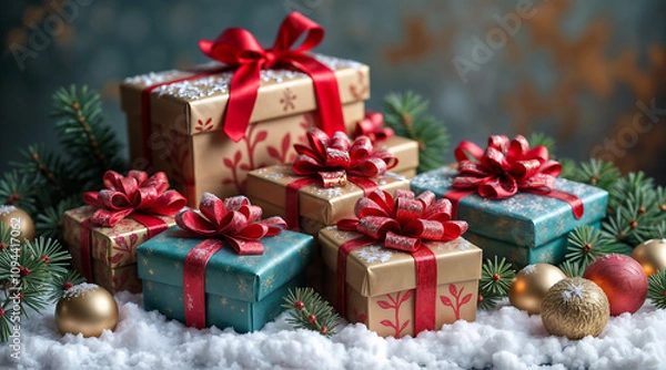Fototapeta Christmas presents, wrapped with festive wrapping paper and red ribbons, lie nestled in the snow next to shiny Christmas balls.
