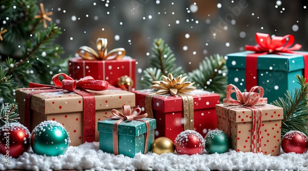 Fototapeta A collection of colorfully wrapped Christmas presents nestled among shiny Christmas ornaments in a snowy forest setting.