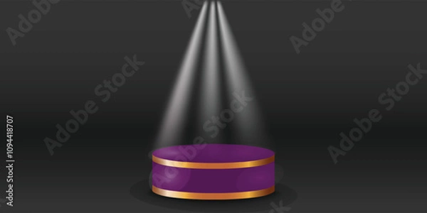 Fototapeta White spotlights on podium display color with black background. Modern studio, wall scene fashion, stage podium scene with for Award Ceremony. 3D rendering.