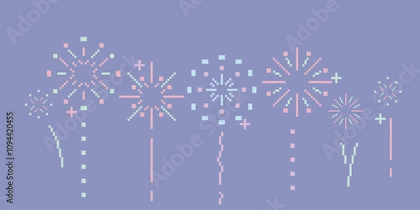Fototapeta Pixel 8 bit pastel simple flat line fireworks collection. Minimal cute illustration isolated background. Design concept for holiday banner, celebration, poster, greeting card, decorative elements