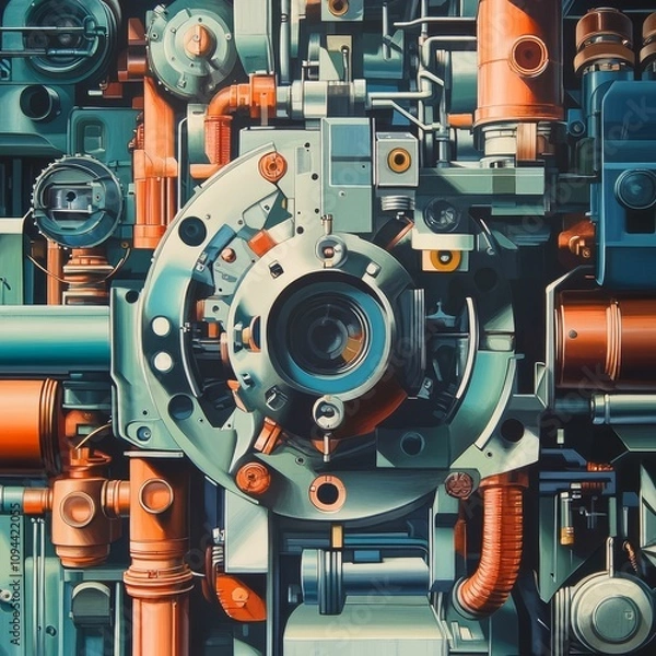 Fototapeta Intricate machinery, teal, orange, complex mechanism.
