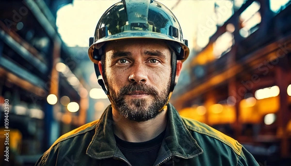Fototapeta Dirty Faced Worker in Helmet