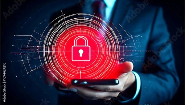 Fototapeta Man Holding Phone with Holographic Lock Icon for Security and Data Protection