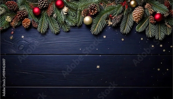 Fototapeta Christmas Tree Decorations on Black Wood Surface