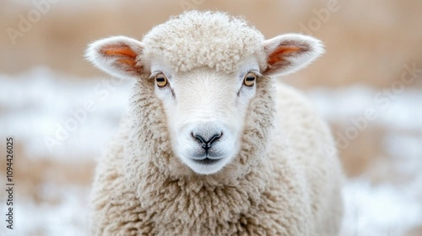 Fototapeta Close-Up Portrait of a Curious Lamb in a Snowy Pasture, Showcasing Soft Wool and Innocent Expression While Standing on a Winter Landscape